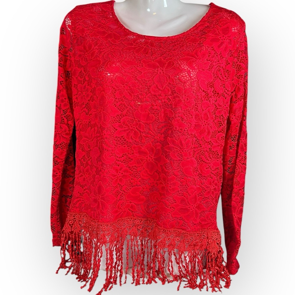 Vtg Red‎ LACE FRINGE TASSEL SHEER LONG SLEEVE BLOUSE L Party Tomato Girl